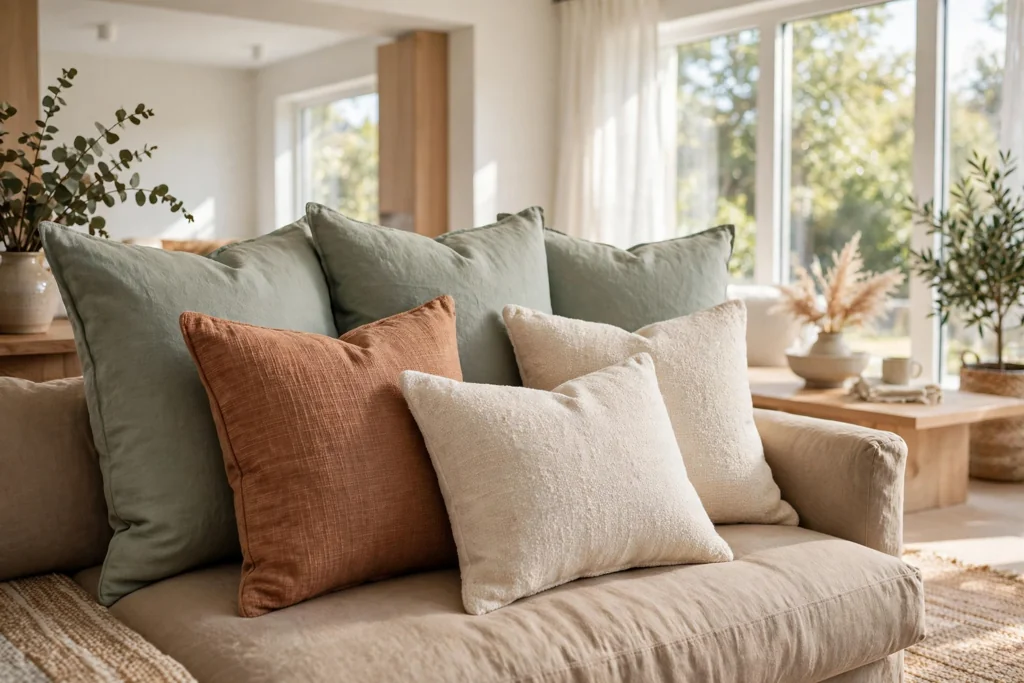 Medium throw pillows layered in front of larger pillows on a sofa.