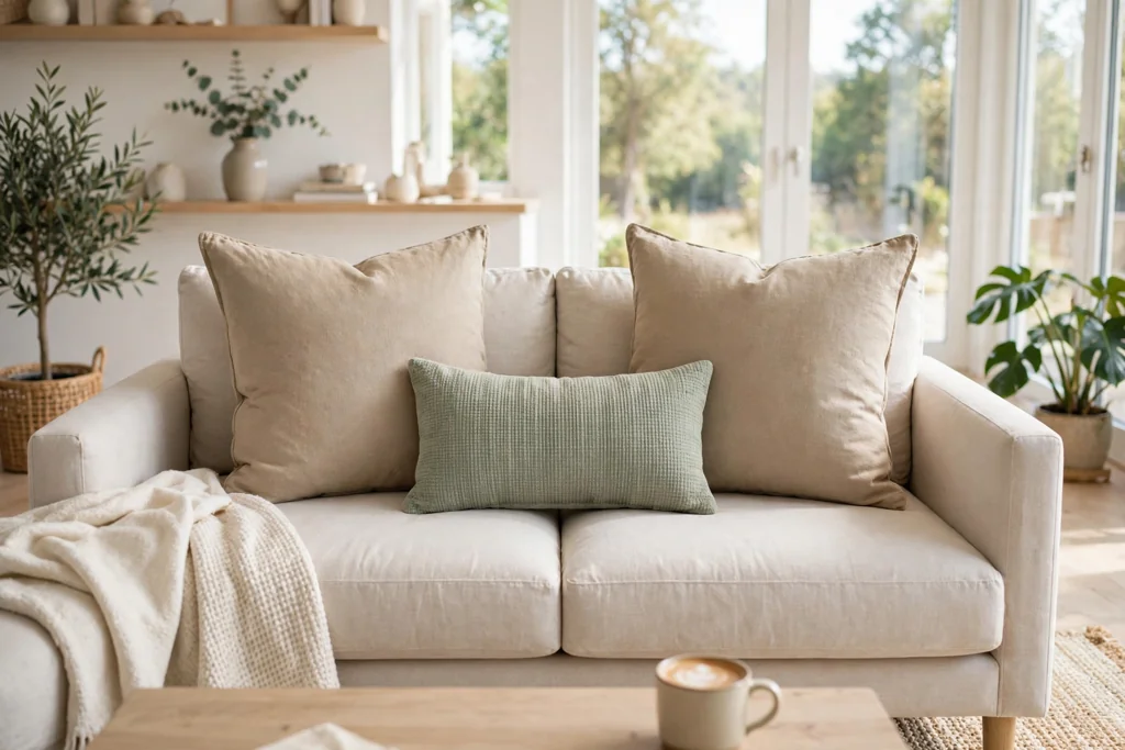 Small lumbar accent pillow centered on a sofa in front of larger pillows.