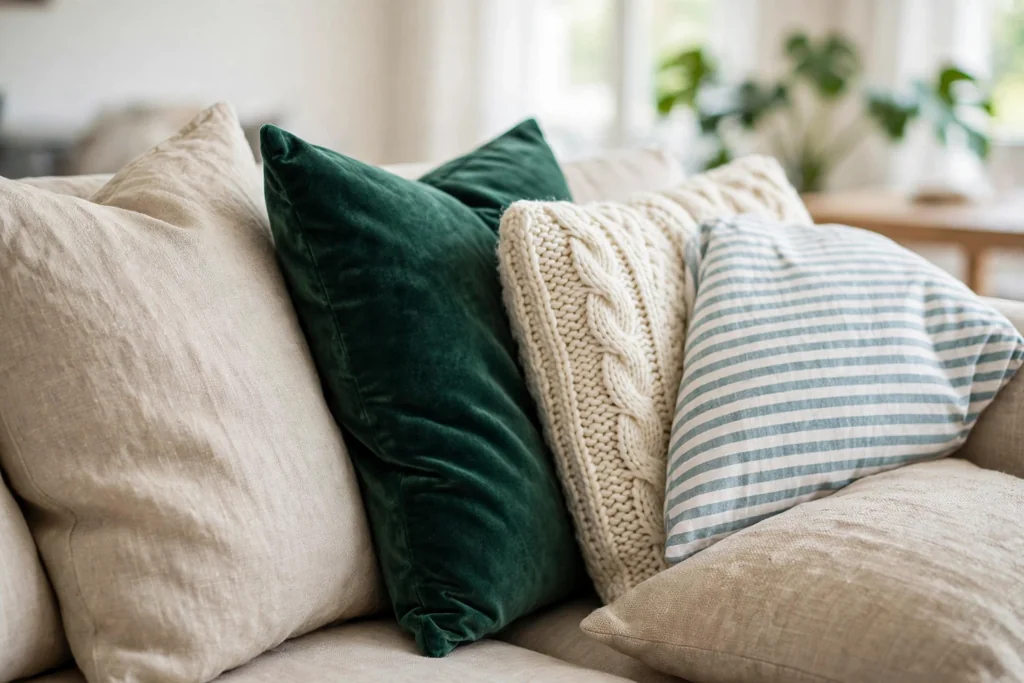 Sofa pillows mixing linen, velvet, and knit textures with one striped pillow.