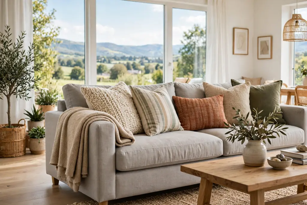 Sofa with layered throw pillows and a folded throw over one arm.