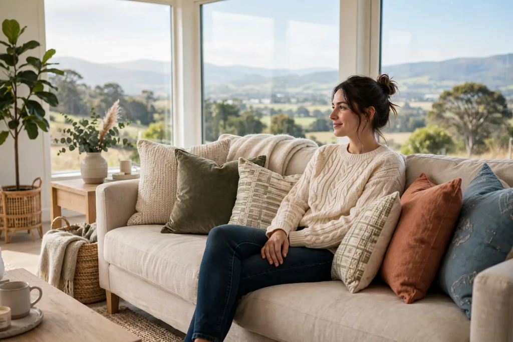 Person sitting comfortably on a sofa with layered throw pillows.