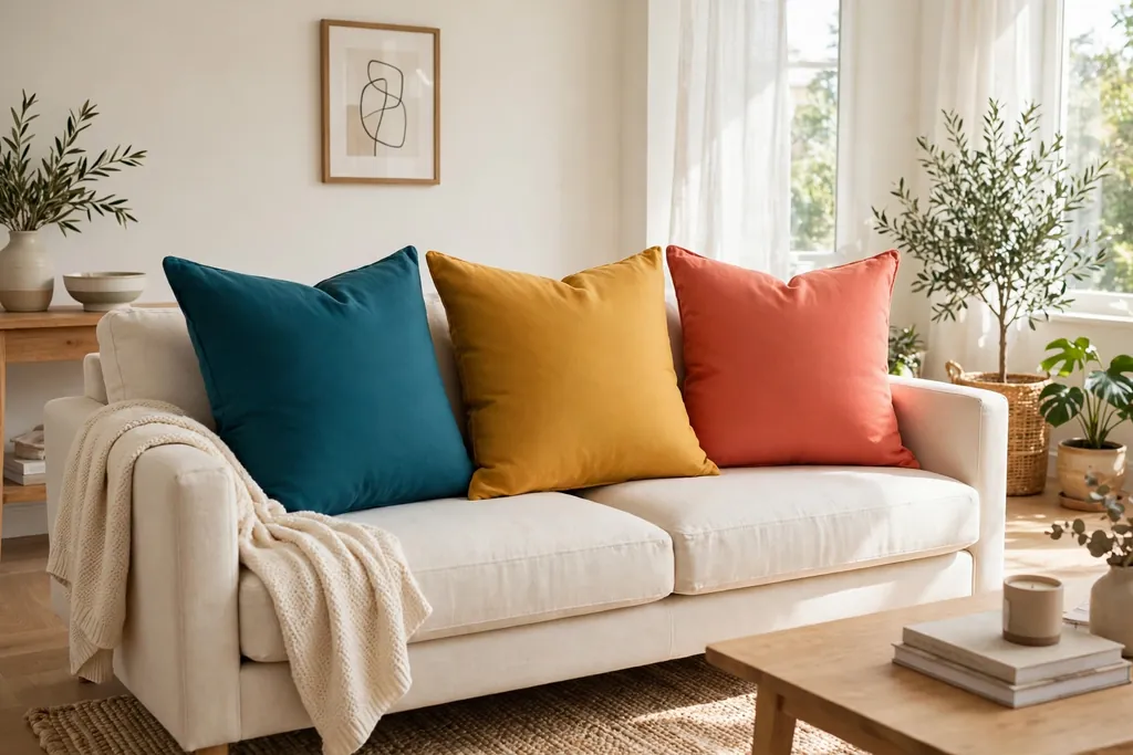 Neutral cream sofa with solid throw pillows in teal, mustard, and coral.