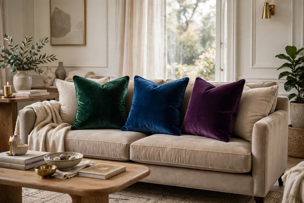 Sofa with jewel tone velvet throw pillows in emerald, sapphire, and plum.