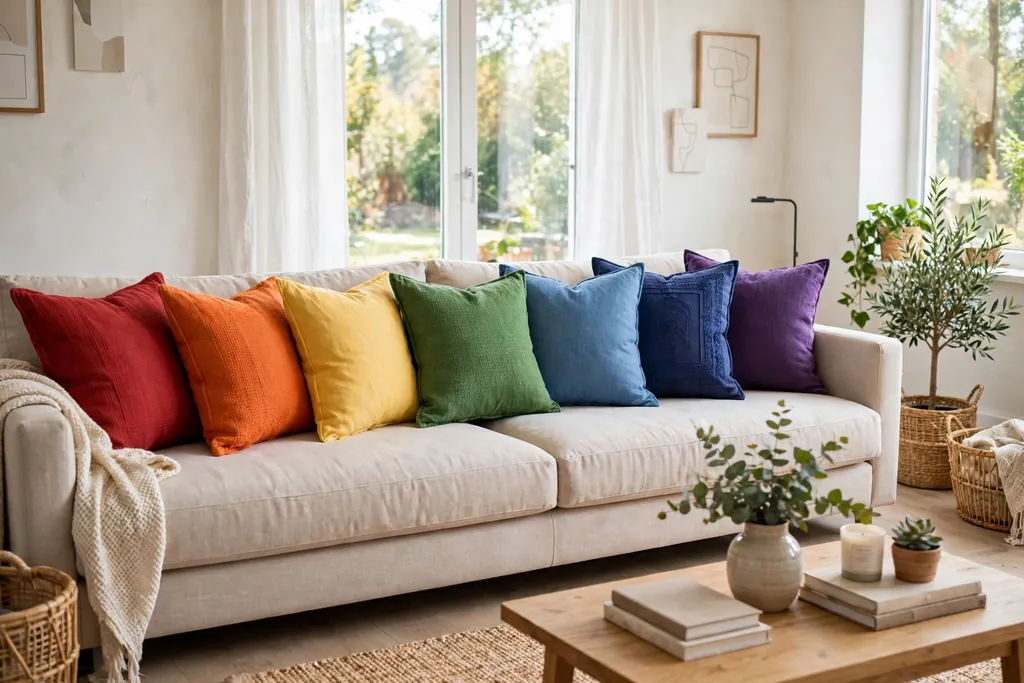 Long sofa with throw pillows arranged in rainbow order from red to purple.