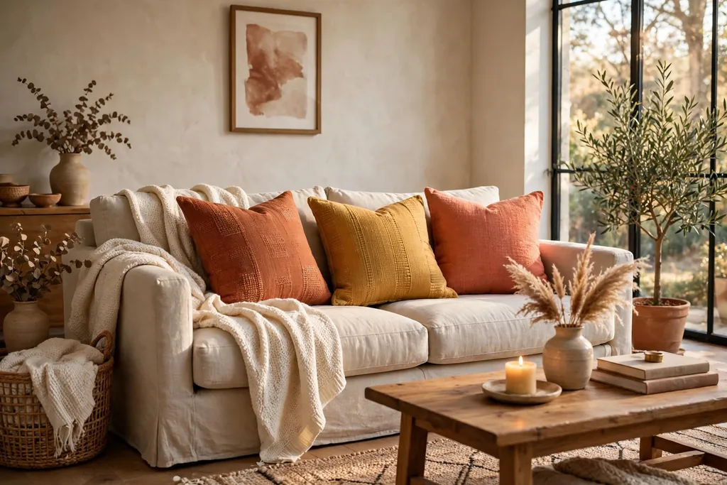 Sofa with sunset throw pillows in terracotta, mustard, and coral.