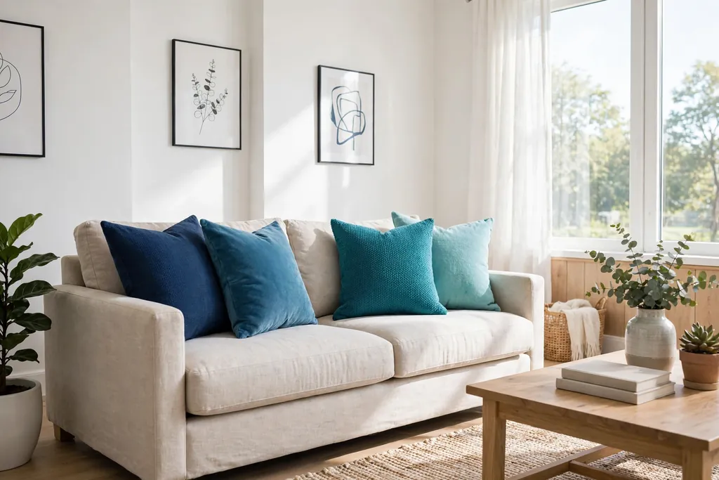 Sofa with ocean blue and teal throw pillows from navy to aqua.
