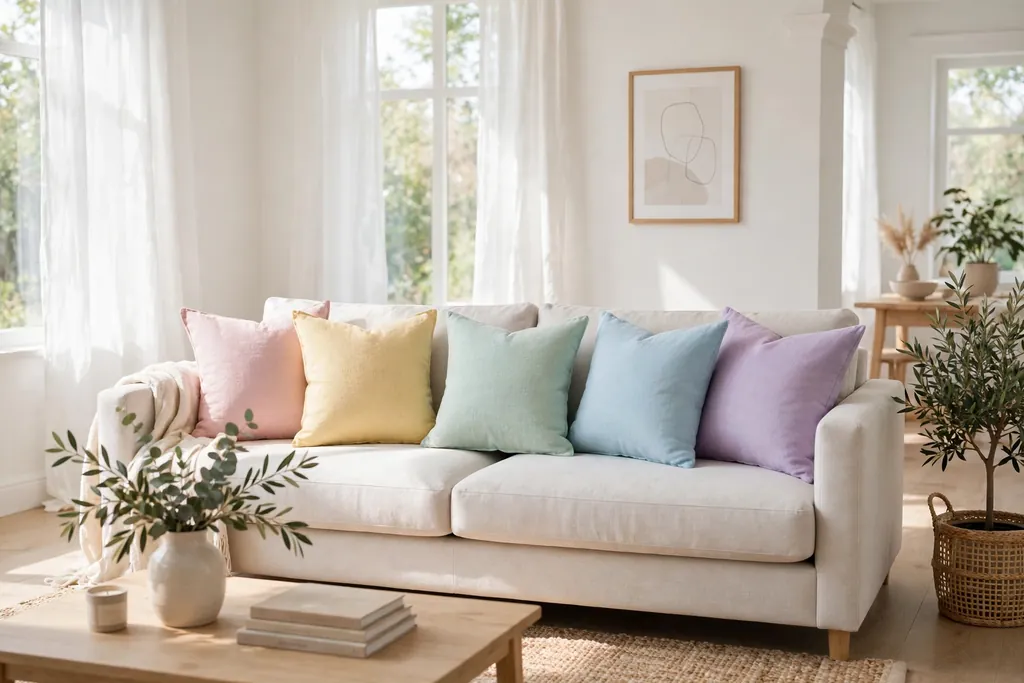 Light living room sofa with pastel throw pillows in pink, yellow, mint, blue, and lilac.