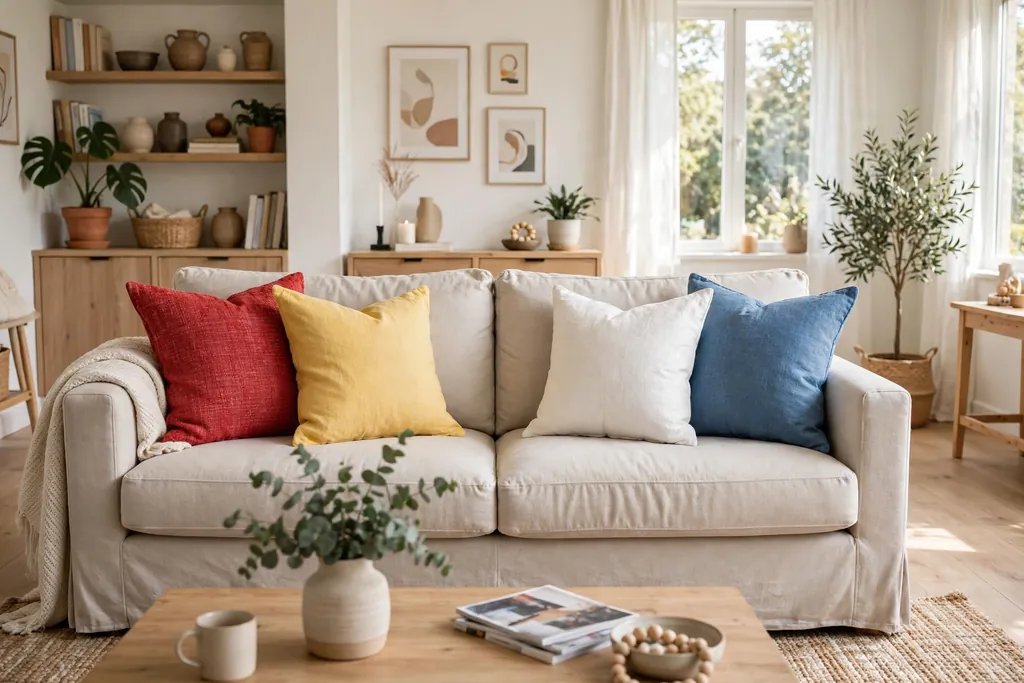 Family room sofa with primary color throw pillows in red, yellow, and blue.