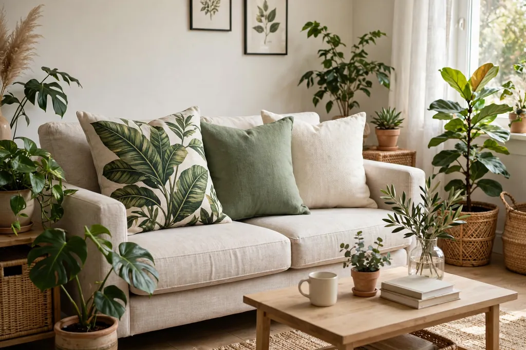 Sofa with a botanical leaf print pillow beside plain green and cream pillows.
