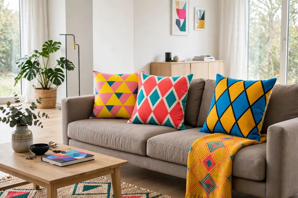 Modern sofa with bold geometric throw pillows in triangles and diamonds.