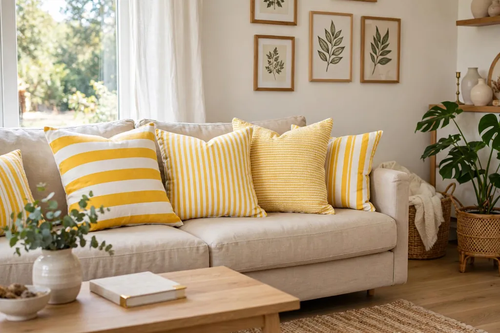 Sofa with mixed bright striped throw pillows in wide and narrow stripes.