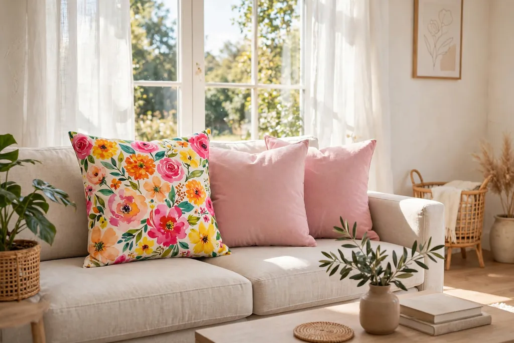 Sofa with a bright floral throw pillow beside plain pink pillows.