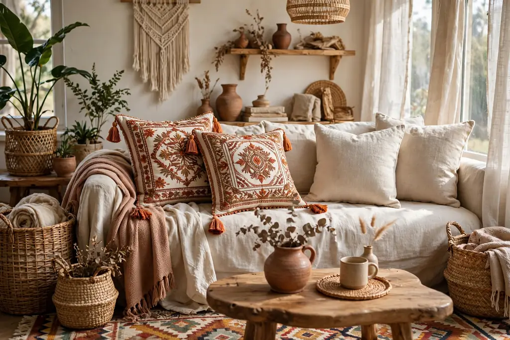 Boho sofa with embroidered throw pillows with tassels beside plain linen pillows.