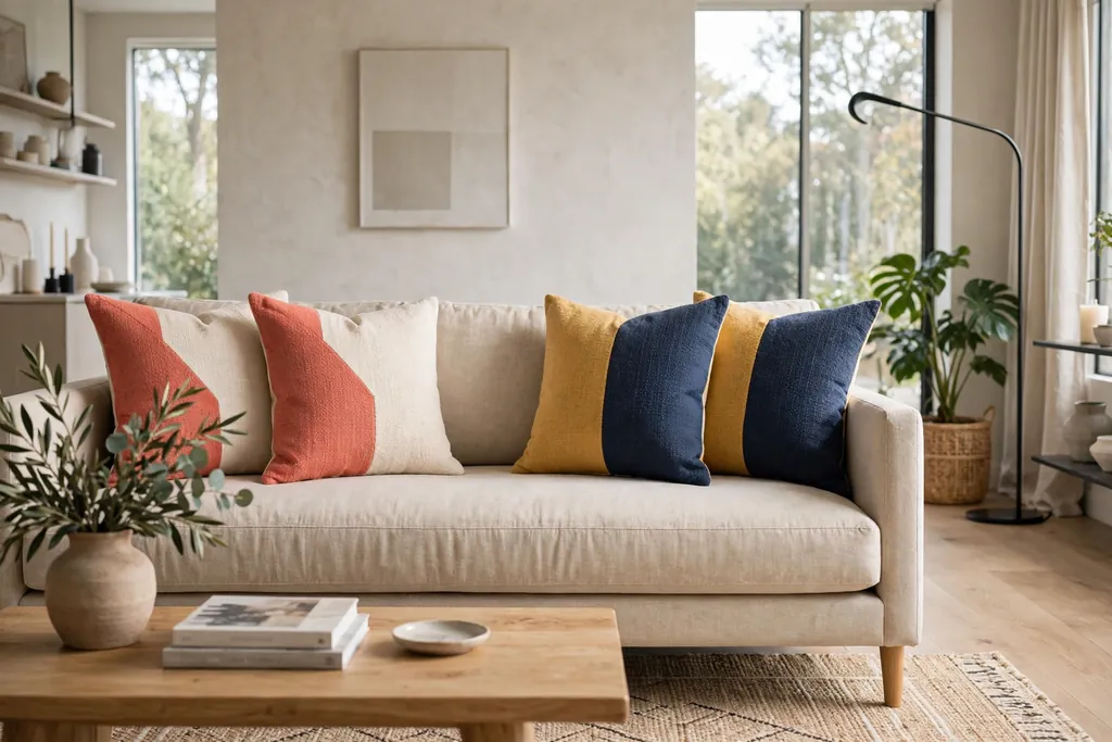 Sofa with two tone color blocked throw pillows in coral, cream, mustard, and navy.