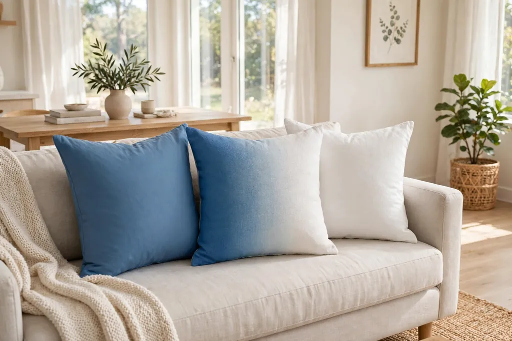 Sofa with an ombre throw pillow fading from blue to white.