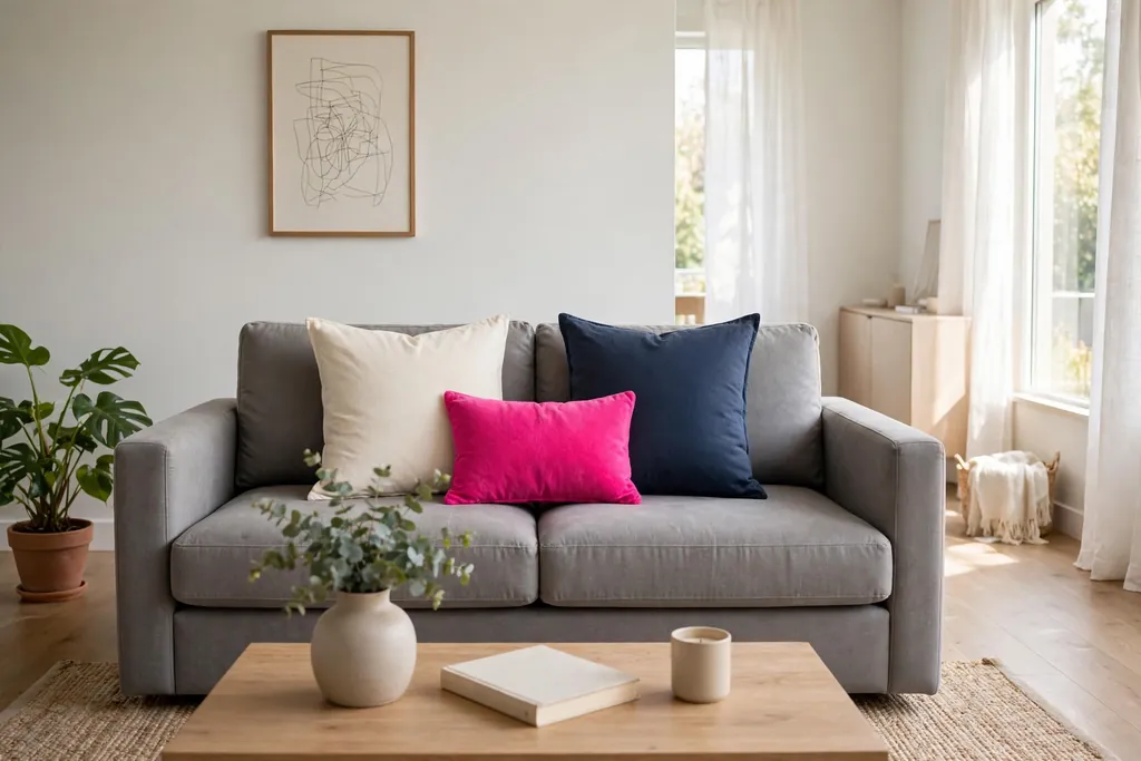 Calm grey sofa with one small hot pink accent throw pillow at the front center.