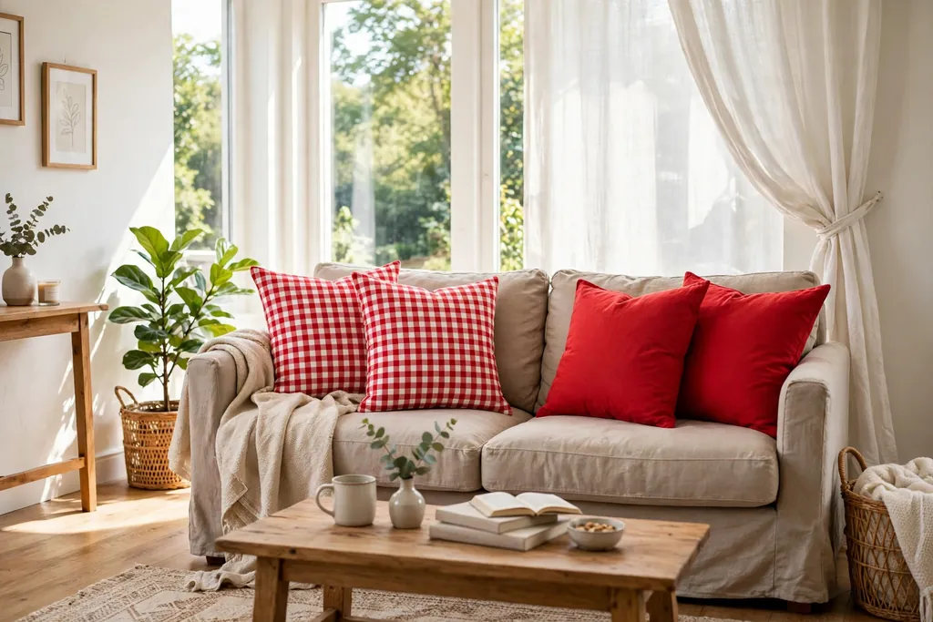 Casual sofa with bright red and white gingham throw pillows beside plain pillows.