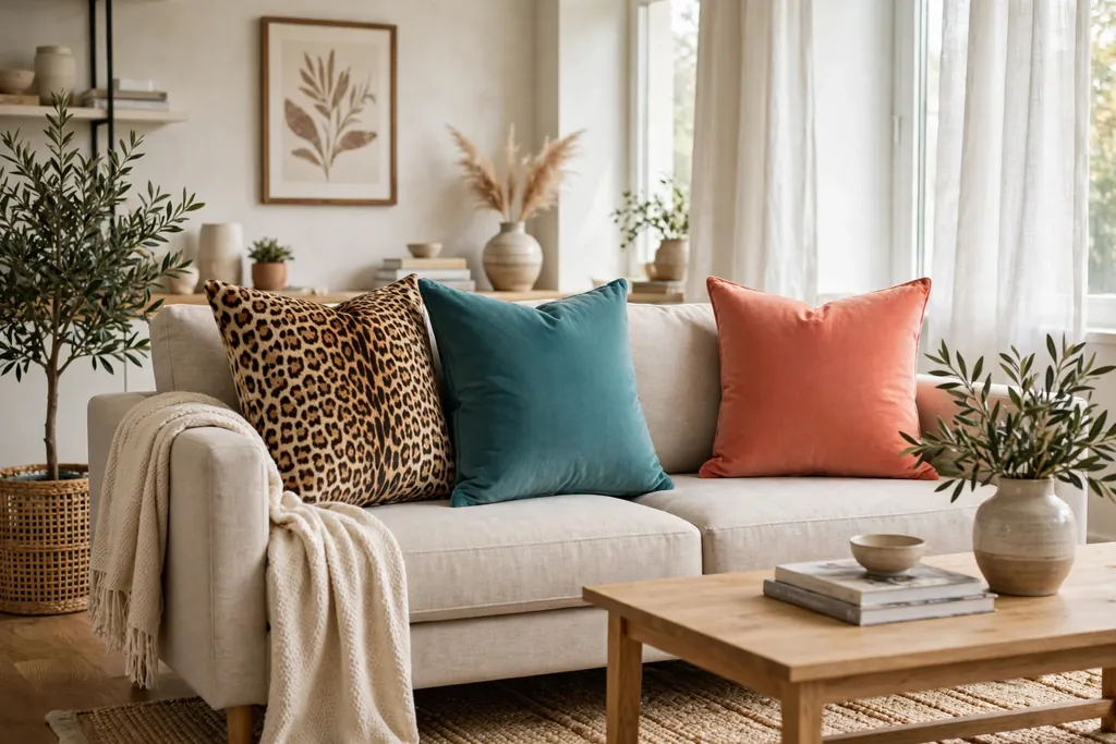 Sofa with one leopard print throw pillow beside solid teal and coral pillows.