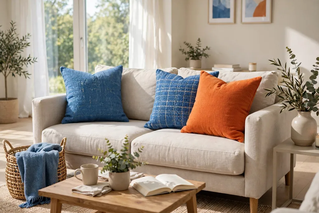 Sofa with blue throw pillows and one orange accent pillow.