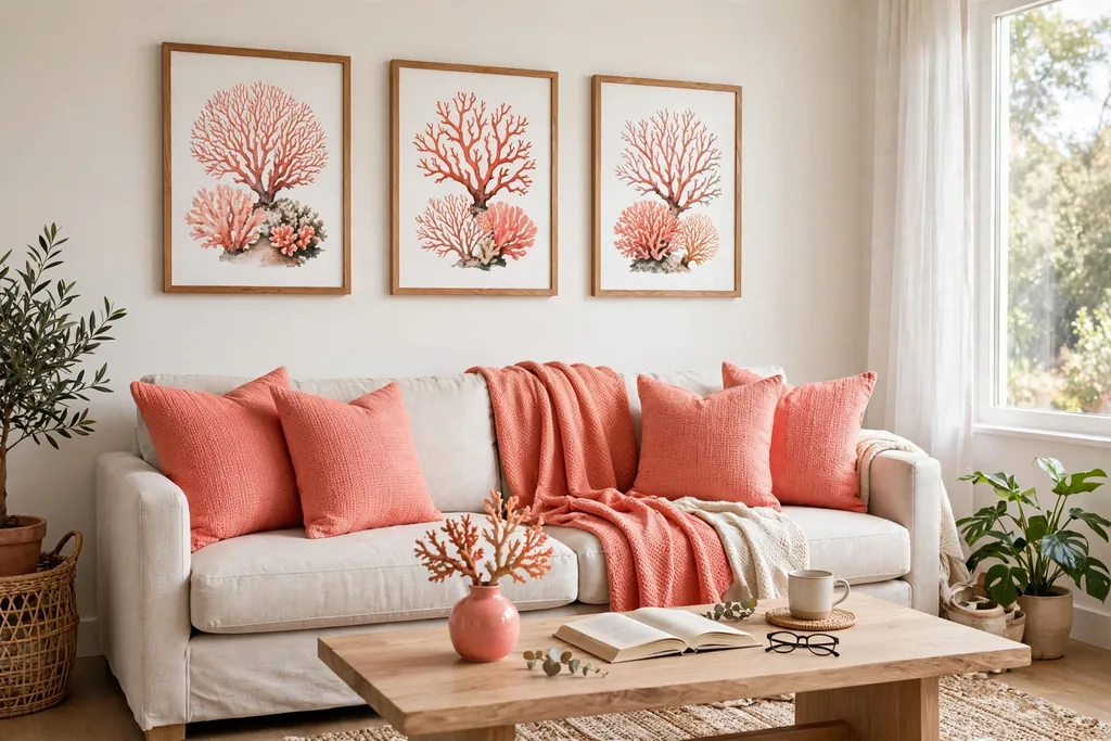 Living room where coral from sofa pillows repeats in a throw, art, and a small vase.
