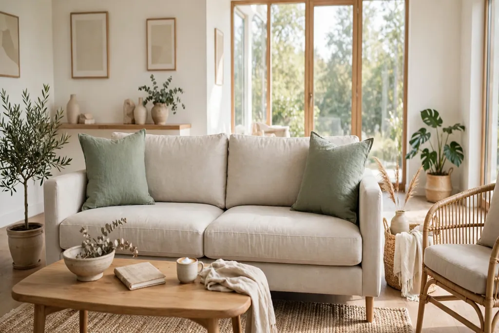 Neutral sofa with sage green linen square pillows at each end.