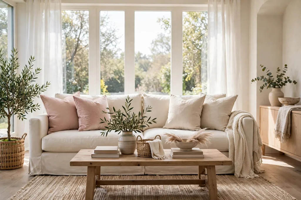 Cream sofa with blush velvet accent pillows beside plain linen pillows.