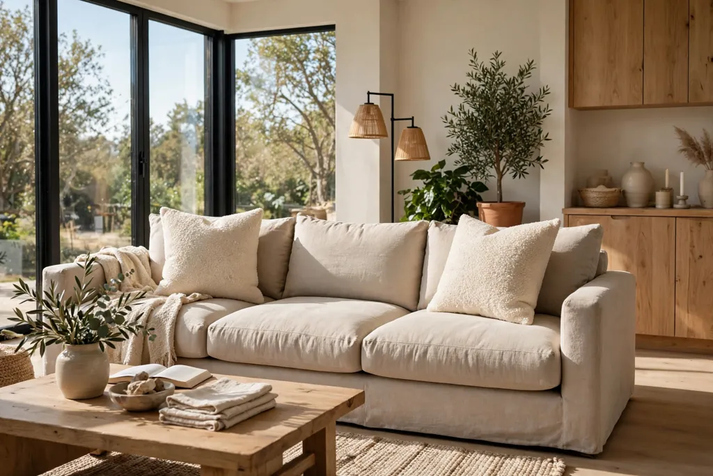 Sofa with a pair of cream boucle pillows on the largest square cushions.