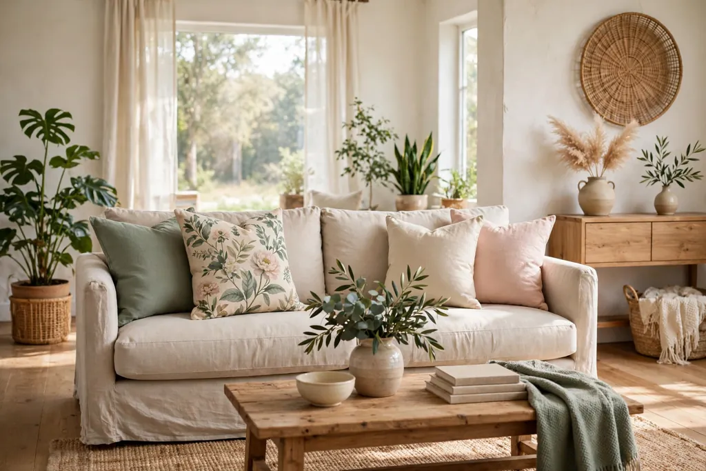 Sofa with one botanical floral print pillow in sage, blush, and cream among solid pillows.