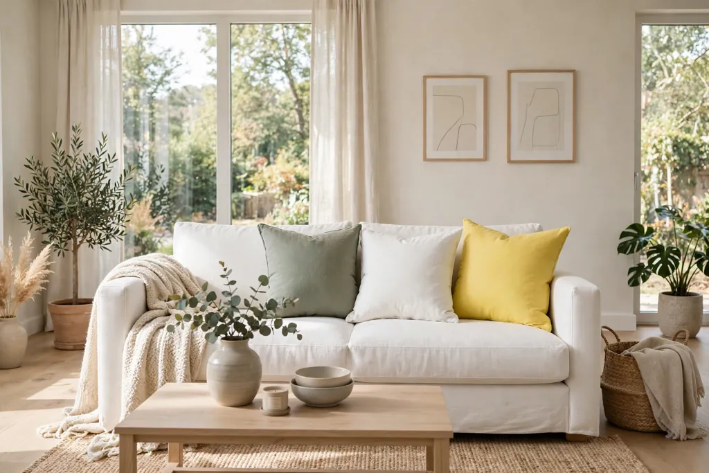 White sofa with one lemon yellow accent pillow beside white and sage pillows.
