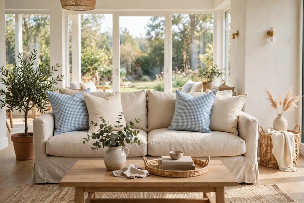 Sofa with sky blue gingham pillows paired with cream solid pillows.