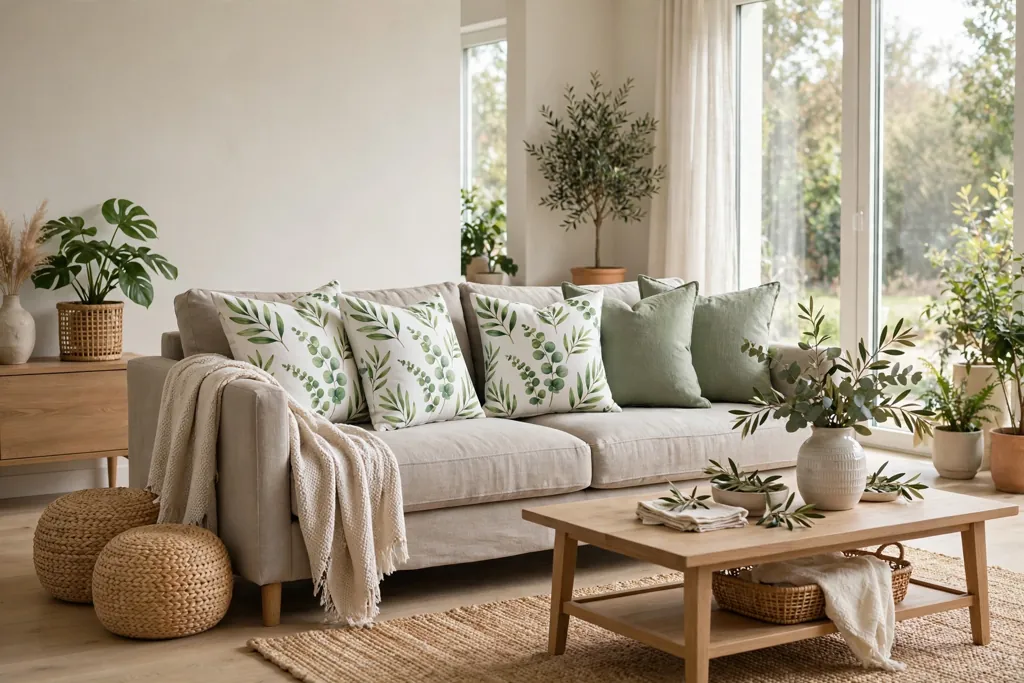 Sofa with green leaf print pillows on a white ground beside solid sage pillows.