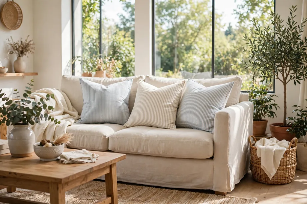 Sofa with pastel ticking stripe pillows in soft blue, cream, and white.