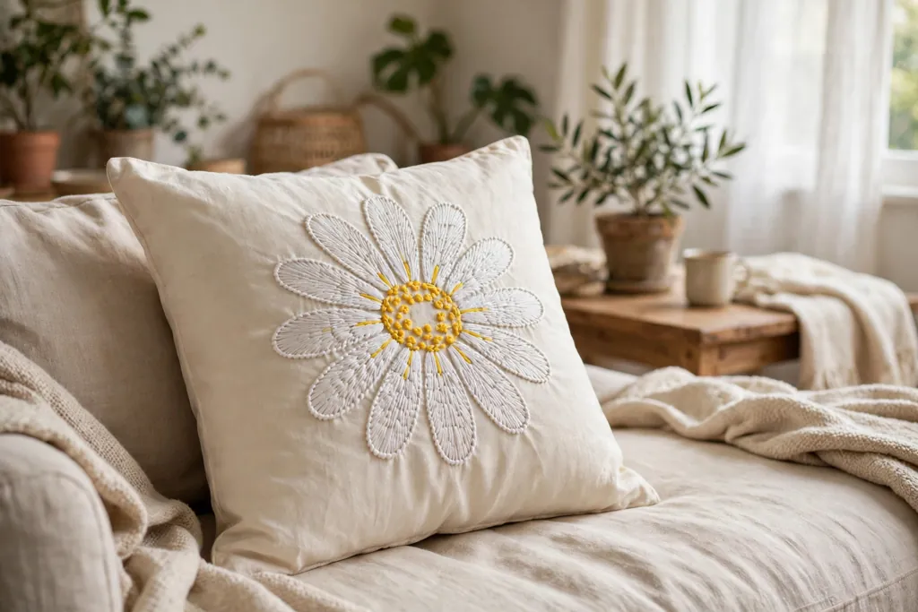 Close view of an embroidered daisy cover in white and yellow stitching on a cream pillow.