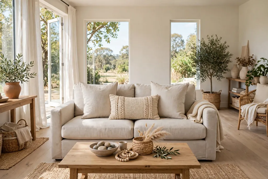 Sofa with a woven cotton lumbar pillow centered in front of two square pillows.