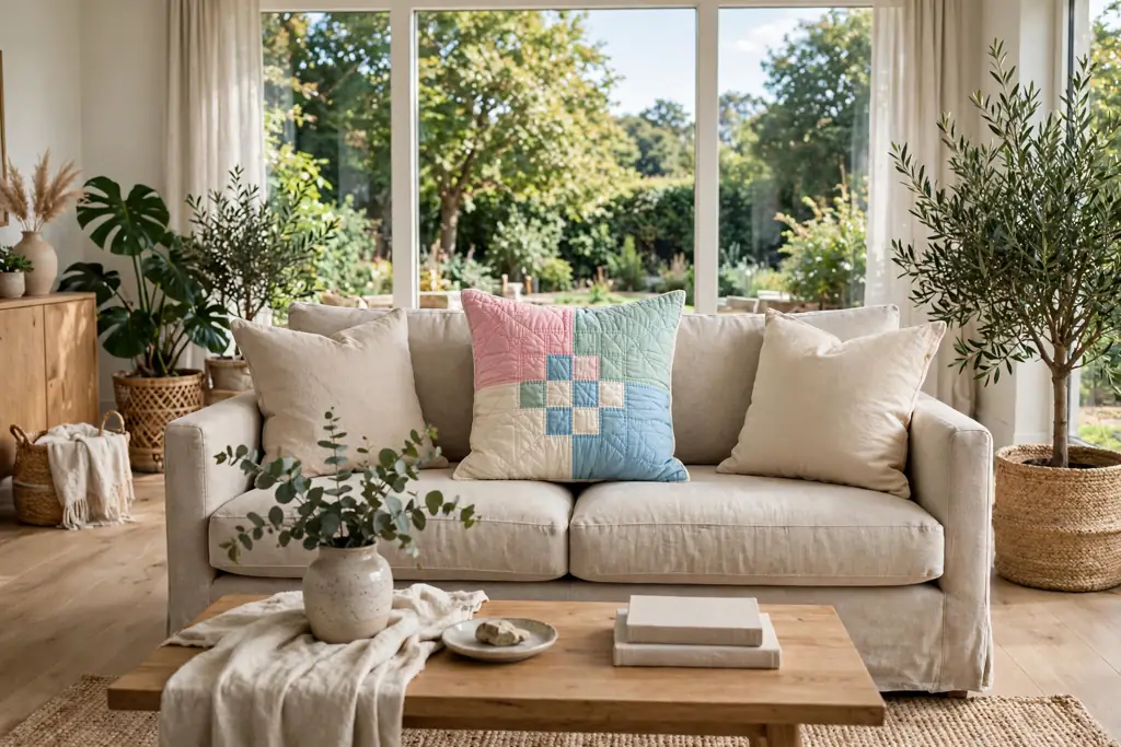 Neutral sofa with one pastel patchwork quilted pillow in pink, mint, cream, and sky blue.