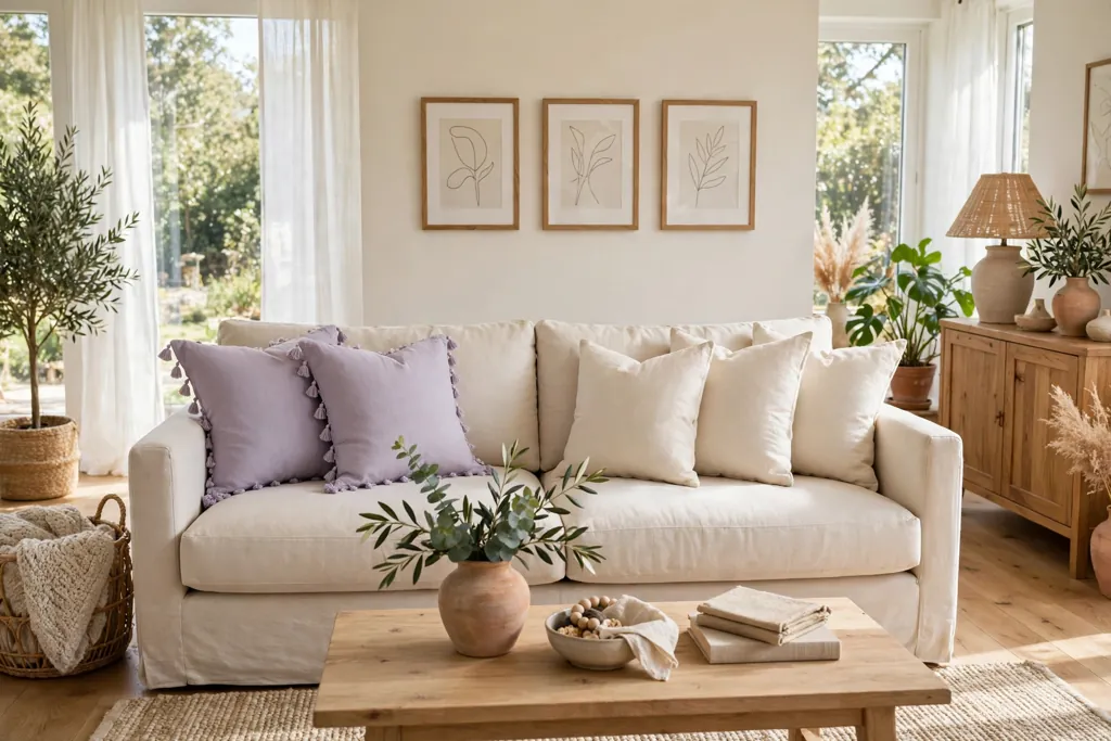 Sofa with lavender pillows with small tassel trim beside cream pillows.