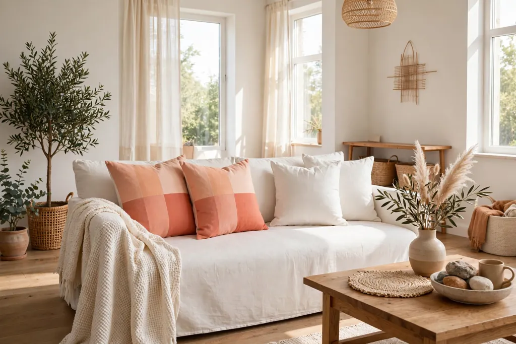Plain sofa with peach and coral block pillows beside white solid pillows.