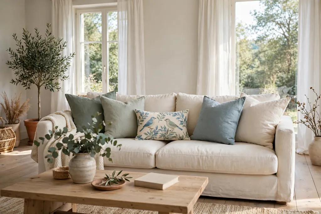 Sofa with a small bird print pillow in soft blue and sage on a cream ground.