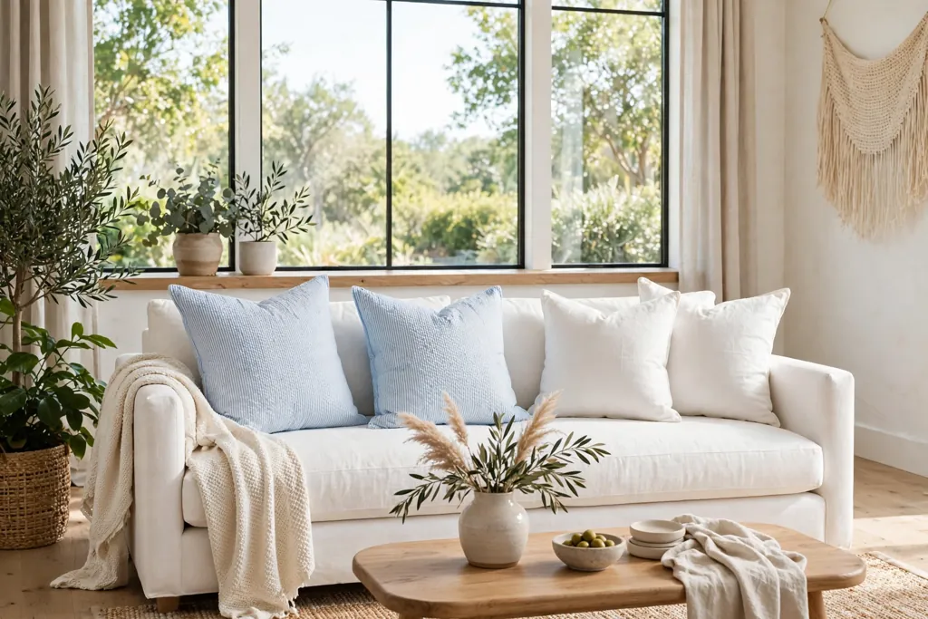 Bright sofa with light blue seersucker pillows beside smooth white linen pillows.