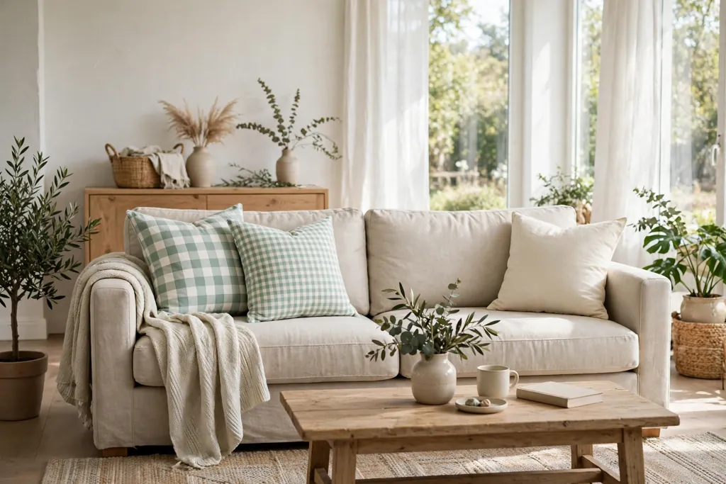 Sofa with mint and white check pillows paired with a plain cream solid pillow.