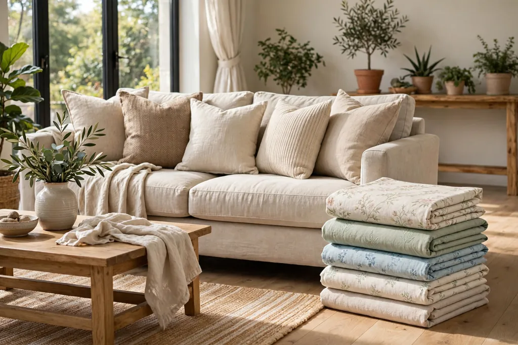 Sofa with neutral anchor pillows and folded spring covers stacked nearby for a seasonal swap.