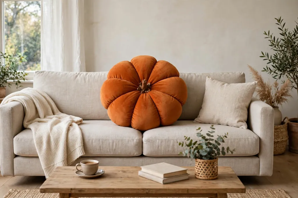 Burnt orange pumpkin-shaped pillow with rounded lobes and a short stem on a neutral sofa.