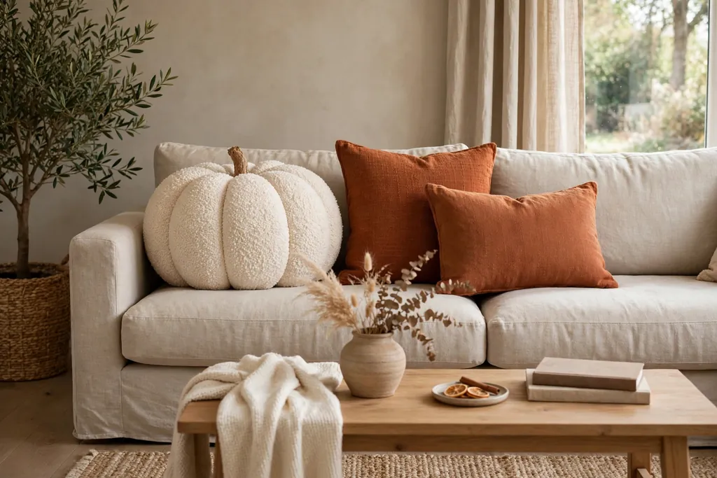 Cream boucle pumpkin pillow on a neutral sofa beside rust cushions.