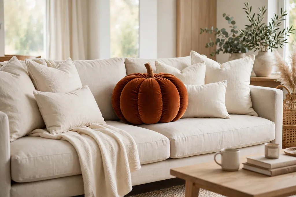 Rust velvet pumpkin pillow on a neutral sofa with cream cushions beside it.