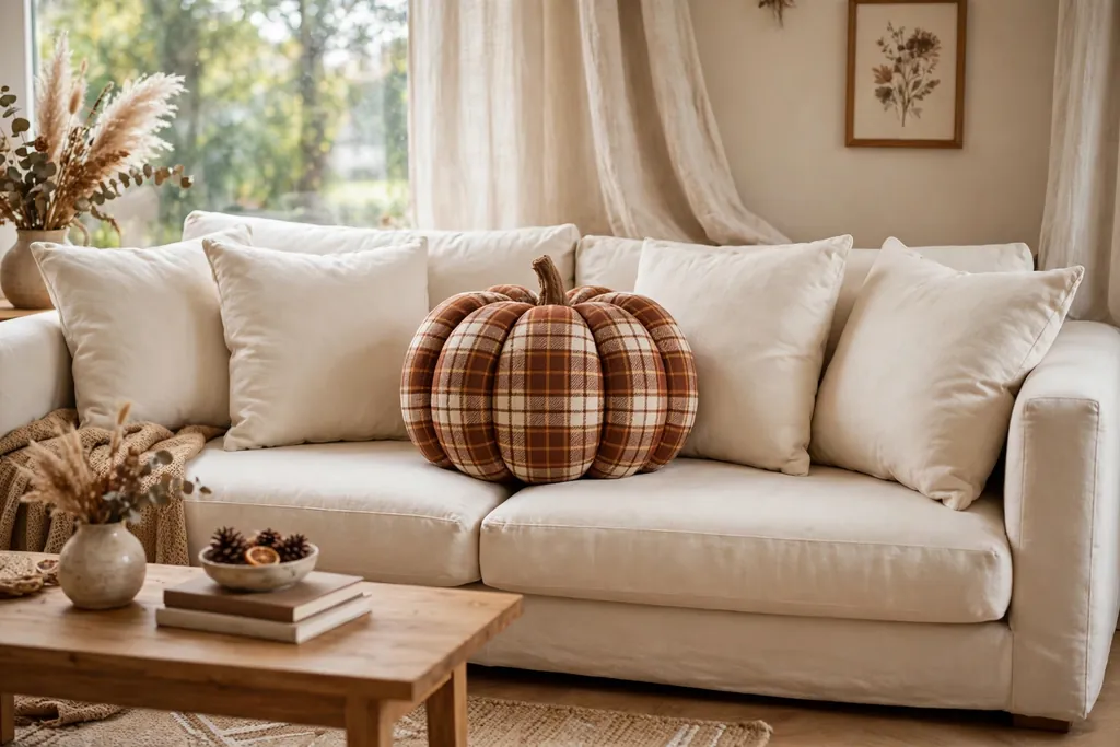 Plaid pumpkin pillow in rust, cream, and brown on a sofa with solid cream cushions.