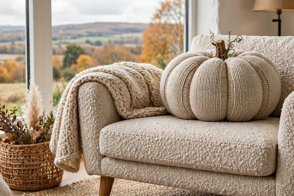 Oatmeal knit pumpkin pillow with a small stem detail on an armchair.