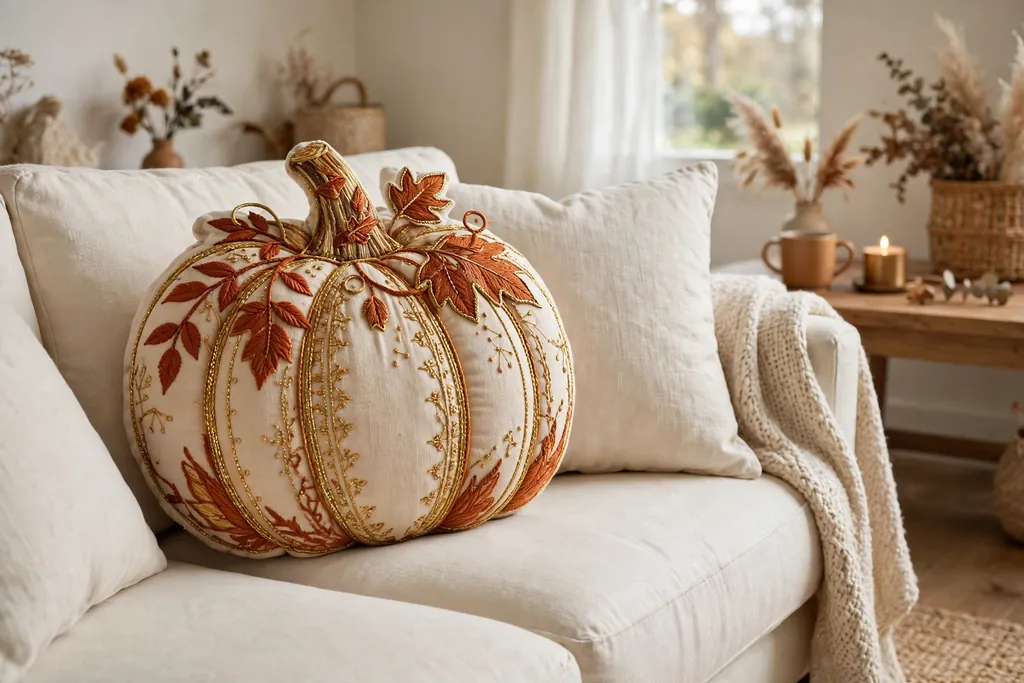 Embroidered pumpkin pillow with rust and gold stitching on a cream sofa.