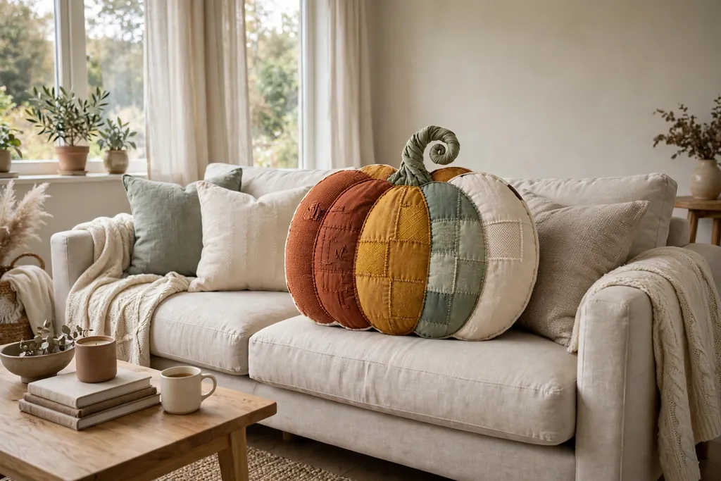 Patchwork pumpkin pillow in rust, mustard, sage, and cream on a neutral sofa.