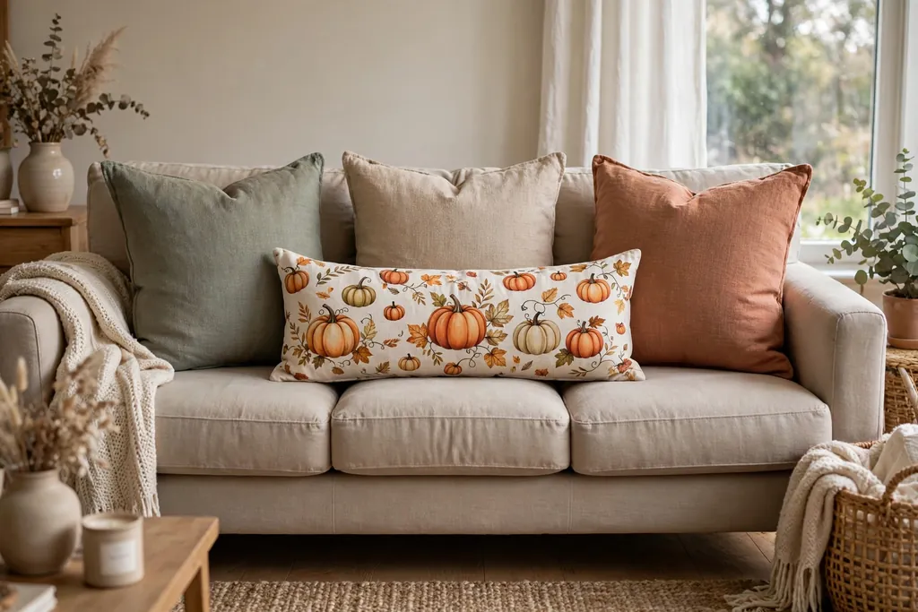 Long pumpkin print lumbar pillow centered on a three seat sofa in front of square cushions.