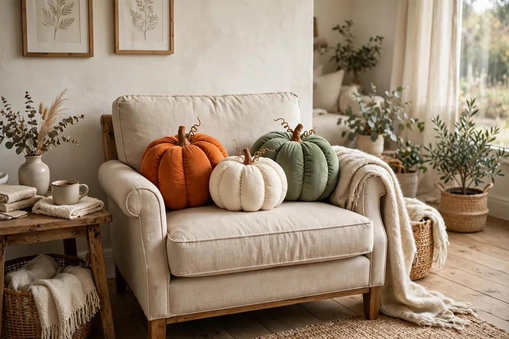Three mini pumpkin pillows in burnt orange, cream, and muted green grouped on an armchair.